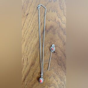 Southwestern Silver and Coral Pendant Necklace and Hat Pin